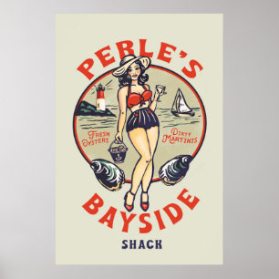 Poster "Perle's Bayside Oyster Shack" mignonne, Retro Sea