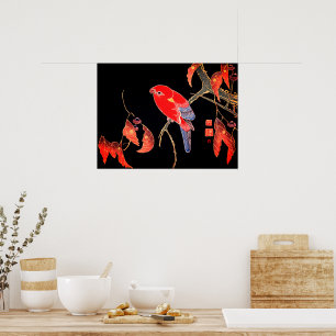 Poster Perroquet rouge japonais sur branche d'arbre par I