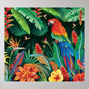 Poster Perroquet tropical : Arrière - plan floral exotiqu