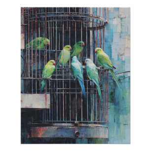 Poster Perroquets Bleus Verts Tropicaux Art de Cage Rusti