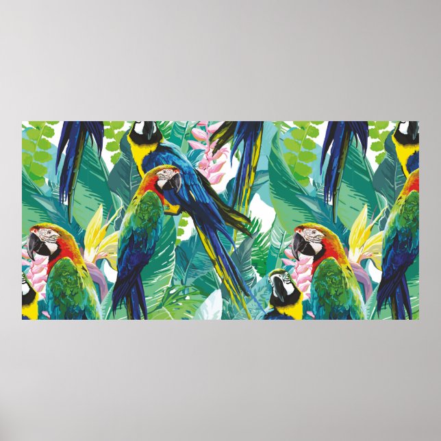 Poster perroquets colorés et fleurs exotiques (Devant)