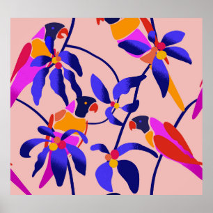 Poster Perroquets Vintages roses : Illustration Exotique