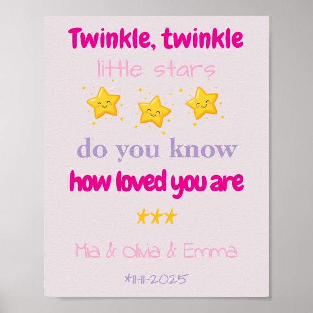 Poster Personalized Baby Girl Triplets Wall (Devant)