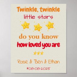 Poster Personalized Baby Triplets Nursery Decor, Stars