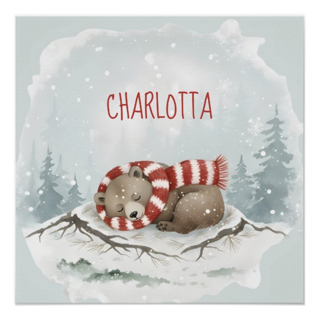 Poster Personalized Baby Wall Art, Sleeping Bear Nursery  (Devant)