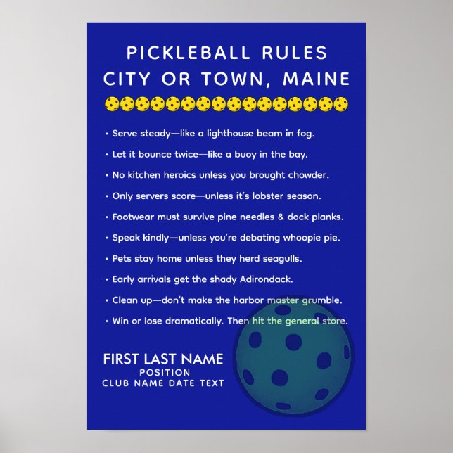 Poster Personalized Pickleball Rules For Cities of Maine (Devant)