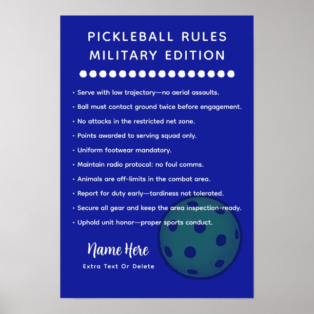 Poster Personalized Pickleball Rules MILITARY EDITION (Devant)