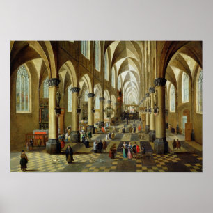 Poster Personnages rassemblés dans une église intérieure