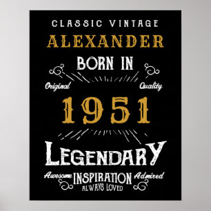 Poster Personnalisé 70e anniversaire Né 1951 Noir Vintage
