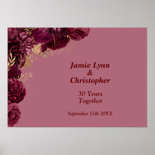 Poster personnalisé Bourgogne Floral Mariage Anniv