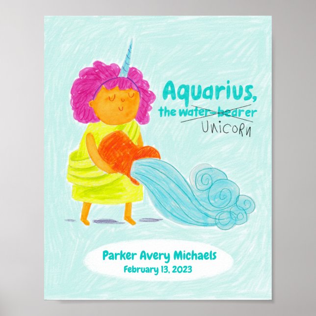 Poster personnalisé Cute Aquarius Unicorn Zodiac (Devant)