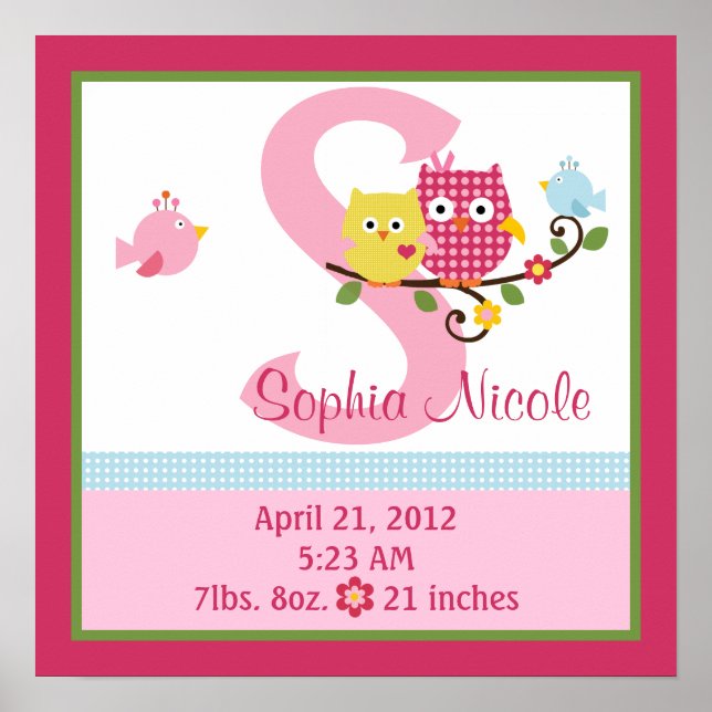 Poster personnalisé Happy Tree/Owls Birth Info (Devant)