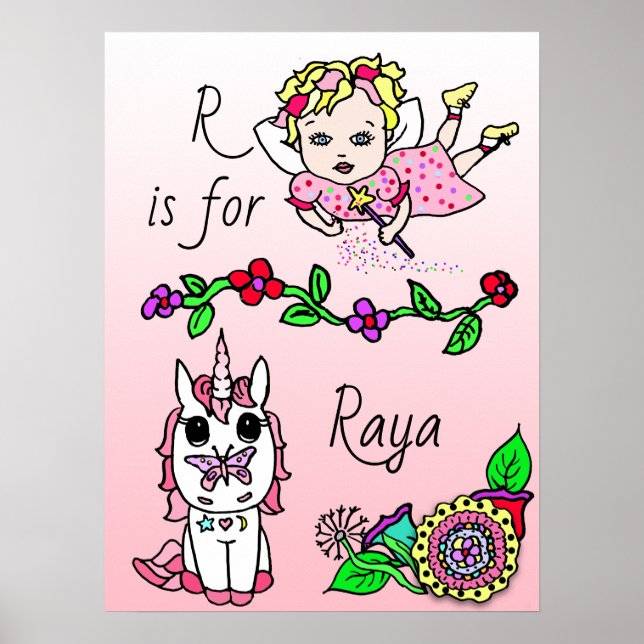 Poster Personnalisée cette jolie fée rouge et licorne (Devant)