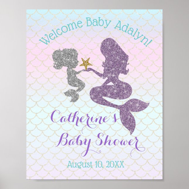 Poster Personnaliser Mermaid Baby shower Purple Turquoise (Devant)