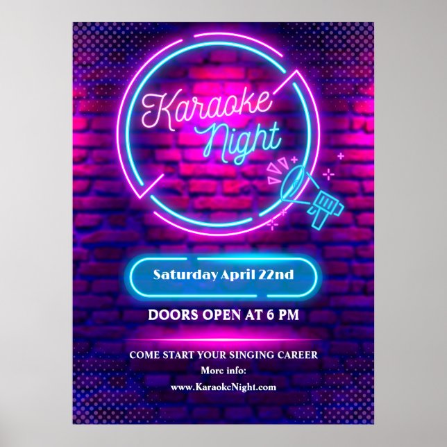 Poster Personnaliser Neon Karaoke Nuit Moyen Taille (Devant)