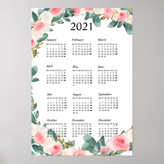 Poster Personnalisierbar Kalender 2021 Floral (Devant)