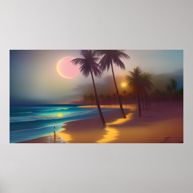 Poster Personnes Lune sable Plage lune océan palmiers cla (Devant)