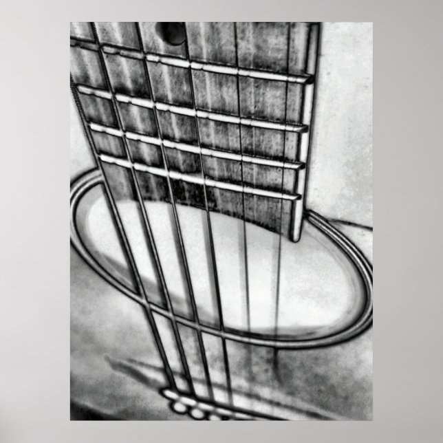 Poster Perspective guitare acoustique Cordes Noir Blanc (Devant)