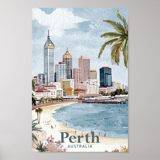 Poster Perth Australie Aquarelle Peinture Voyage (Devant)