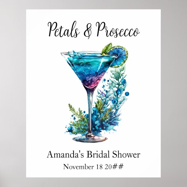 Poster Pétales et Prosecco Bleu Floral Blush Fête des mar (Devant)