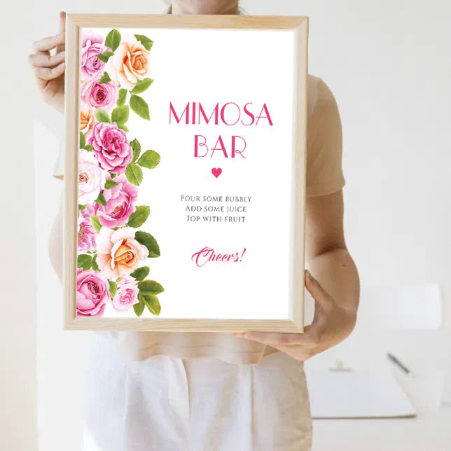 Poster Pétales et Prosecco floral rose Mimosa Bar (Petals and Prosecco pink floral Mimosa Bar Poster)