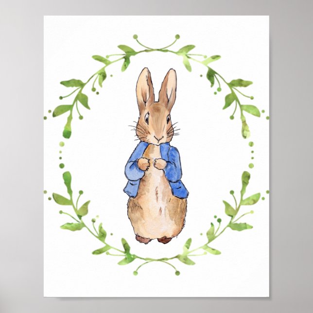 Poster Peter le lapin avec une couronne de feuilles verte (Devant)