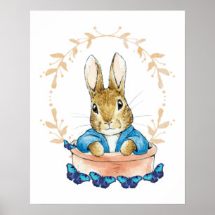 Poster Peter le lapin en pot avec des papillons bleus