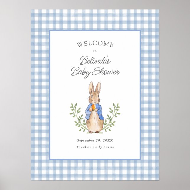 Poster Peter Rabbit Blue Gingham Baby Shower Welcome (Devant)