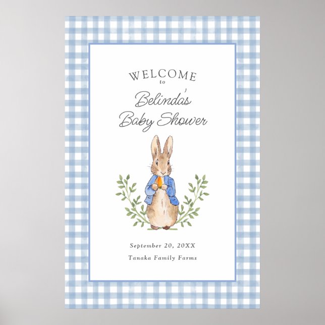 Poster Peter Rabbit Blue Gingham Baby Shower Welcome (Devant)