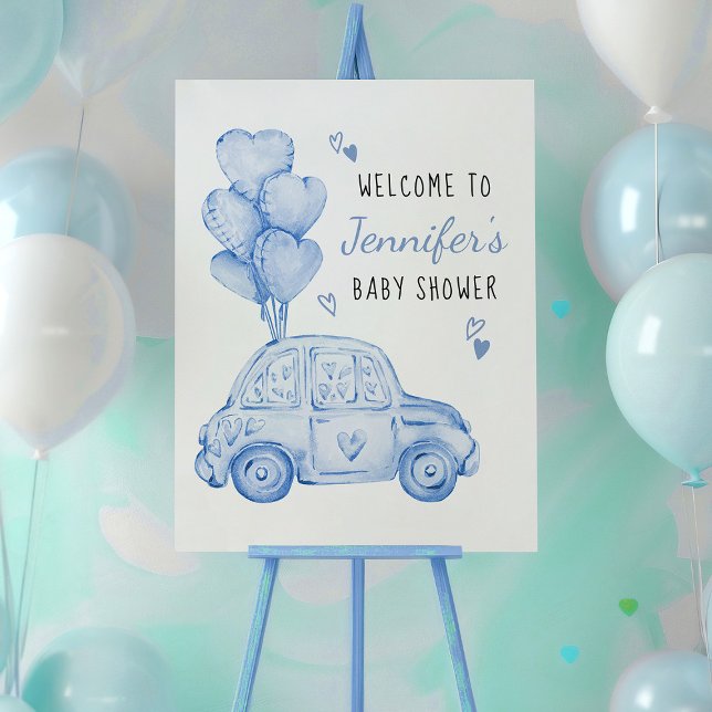 Poster Petit amour bleu voiture et ballons Bienvenue (Sweetheart themed baby shower welcome sign with blue car and balloons by Darling & May)