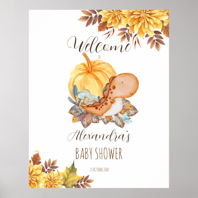 Poster Petit baby shower citrouille et dinosaure accueil (Devant)