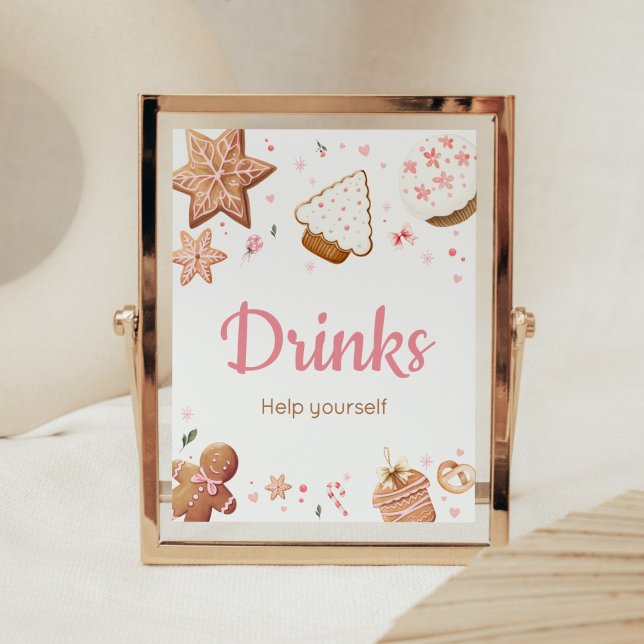 Poster Petit Baby shower de Noël rose Boissons (Christmas Little Cookie Gingerbread Baby Shower Drinks Sign)