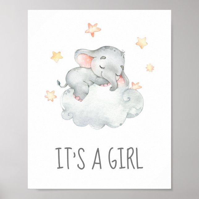 Poster Petit Baby shower éléphant C'est un signe de fille (Devant)
