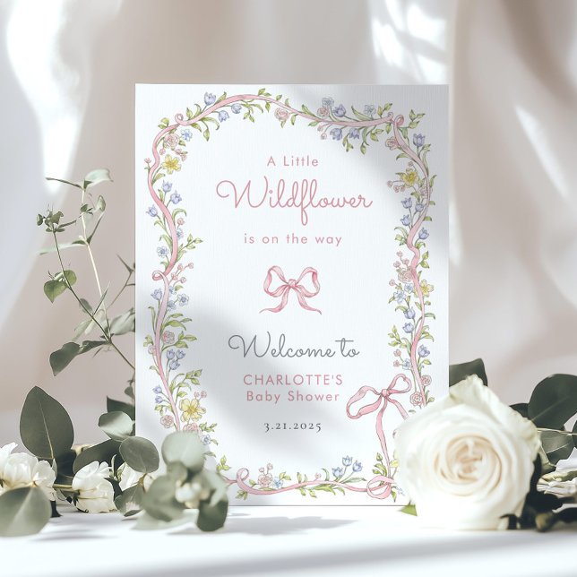 Poster Petit Baby shower fleur sauvage rose Bow Bienvenue (Créateur téléchargé)