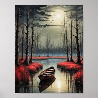 Poster Petit bateau solitaire sous la lumière de la lune