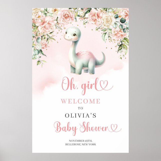 Poster Petit bébé dinosaure fille rousse roses bienvenue (Devant)