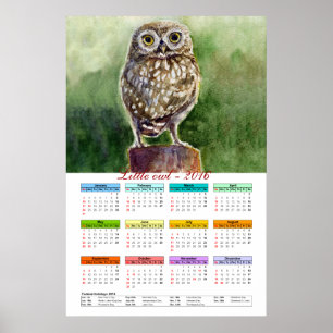 Poster Petit calendrier aquarelle de chouette 2016