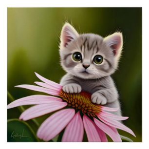 Poster Petit chat gris floral mignon