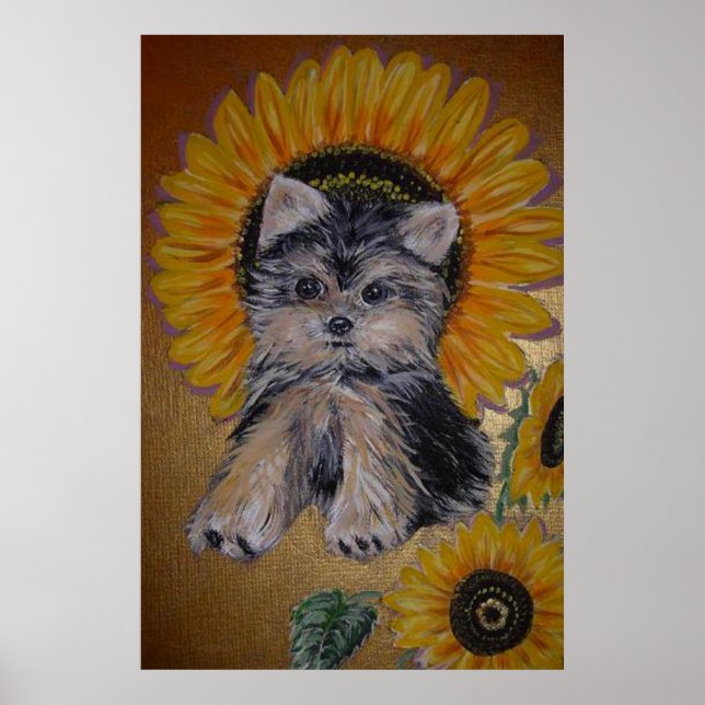 Poster Petit chien mignon et tournesols (Devant)