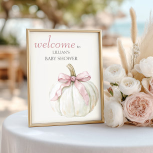 Poster Petit Citrouille blanc Baby shower Bow rose Bienve