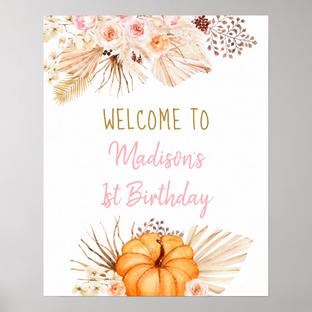 Poster Petit Citrouille Boho Floral Anniversaire Bienvenu (Devant)