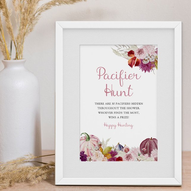 Poster Petit Citrouille Rustique Floral Pacifique jeu de  (Fall Baby Shower Game Sign - Pacifier Hunt)