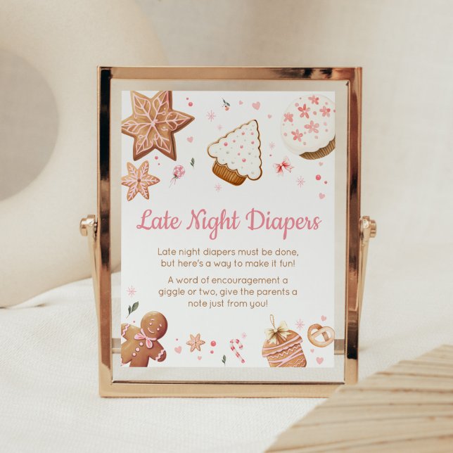 Poster Petit Cookie de Noël rose Diapositives de nuit (Christmas Little Cookie Gingerbread Baby Shower Late Night Diapers Sign)