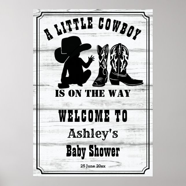 Poster Petit cowboy rustique baby shower noir et blanc (Devant)