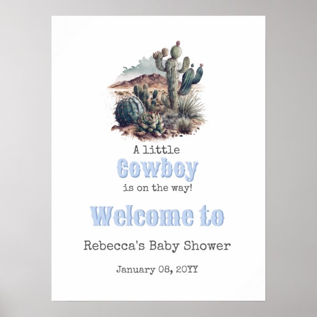 Poster Petit Cowboy Western Blue Boy Baby shower Bienvenu (Devant)