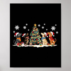 Poster Petit Dachshund Santa Hat Noël Arbre Lumières Chie