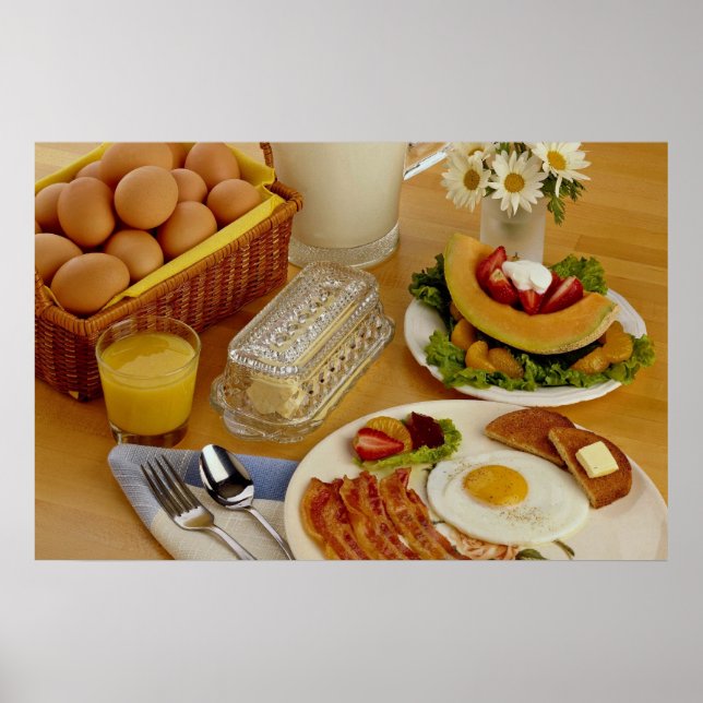 Poster Petit-déjeuner de bacon, oeufs et cruche de lait (Devant)
