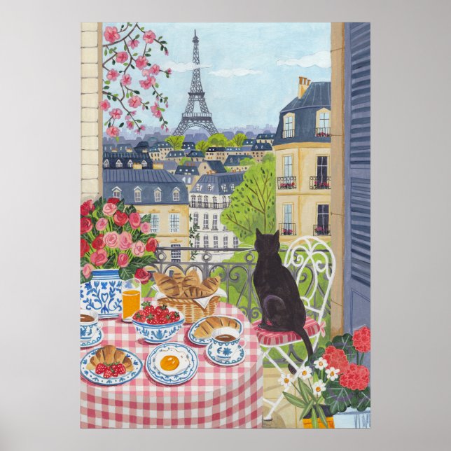 Poster Petit déjeuner sur balcon parisien Chat Vue sur la (Devant)
