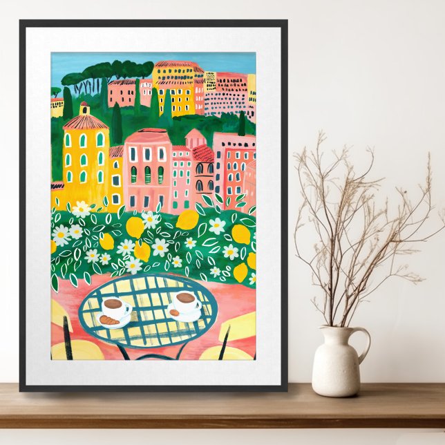 Poster Petit déjeuner sur Terrasse Whimsical City Paintin (Breakfast on Terrace Europe Whimsical Cityscape Gouache Painting Wall Art Poster
)
