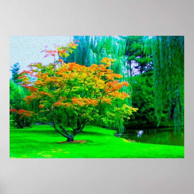 Poster Petit Fleuve Orange Arbre Et Herbe Verte (Devant)